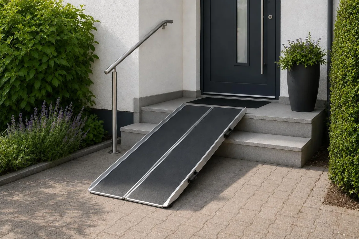 Mobile Rampe vor einem Hauseingang mit Geländer